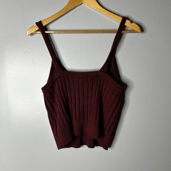 Anthropologie Ribbed Burgundy Knit Crop Top Women's Medium V-Neck Minimalist - Picture 7 of 9